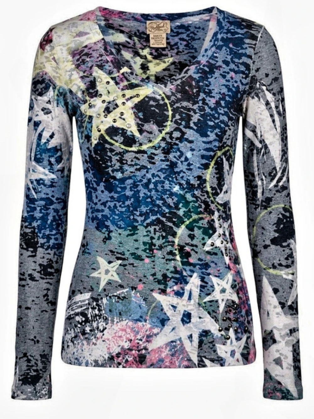 Eyellash Couture Abstract Long Sleeve Top Blue & Gray XL